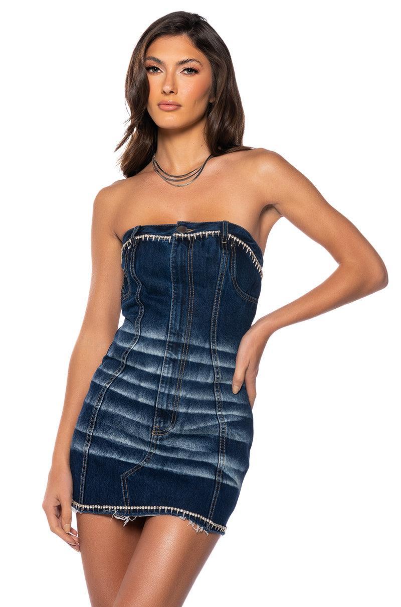 HOW'S THE VIEW STRAPLESS DENIM MINI DRESS Product Image