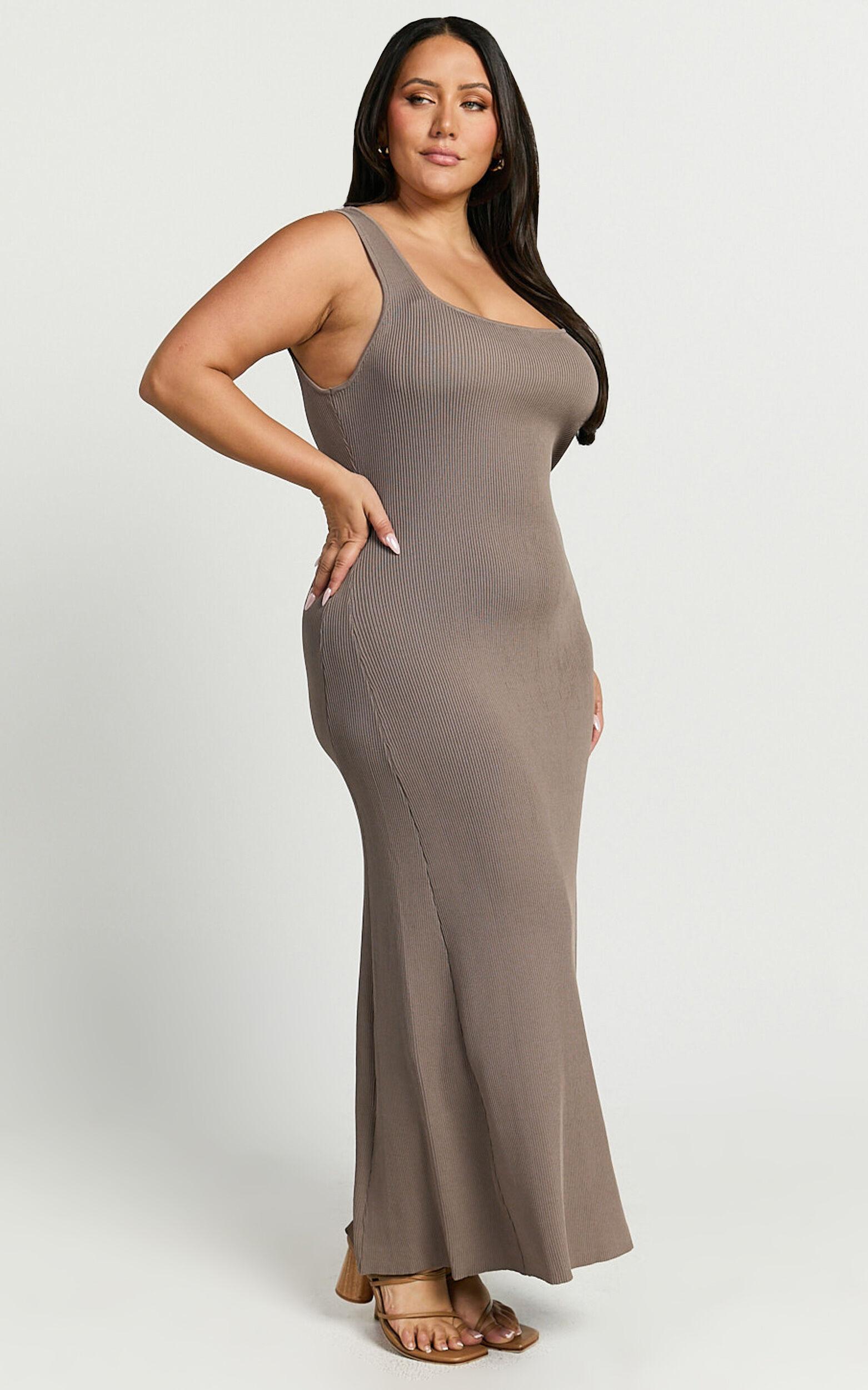 Shelley Maxi Dress - Knitted Scoop Neck Slip Dress in Taupe Product Image