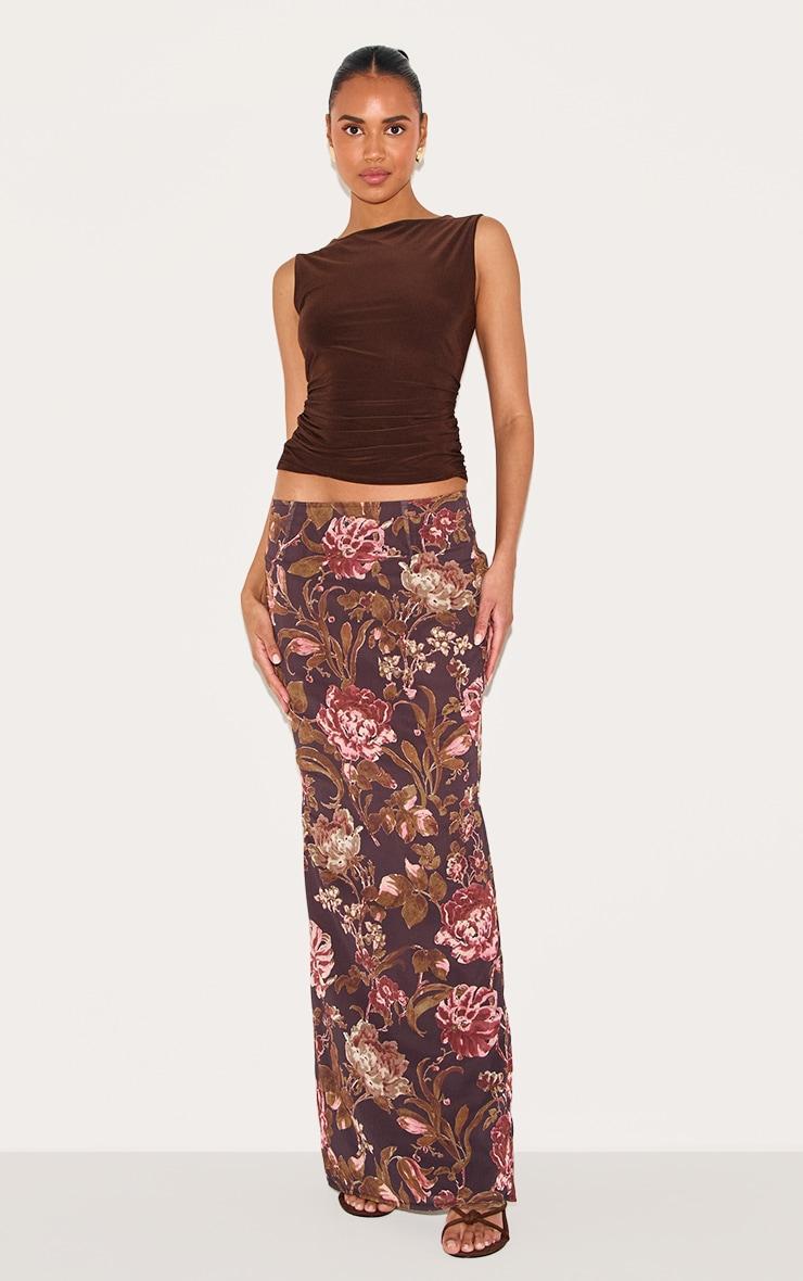  Brown Floral Print Chiffon Maxi Skirt    Product Image