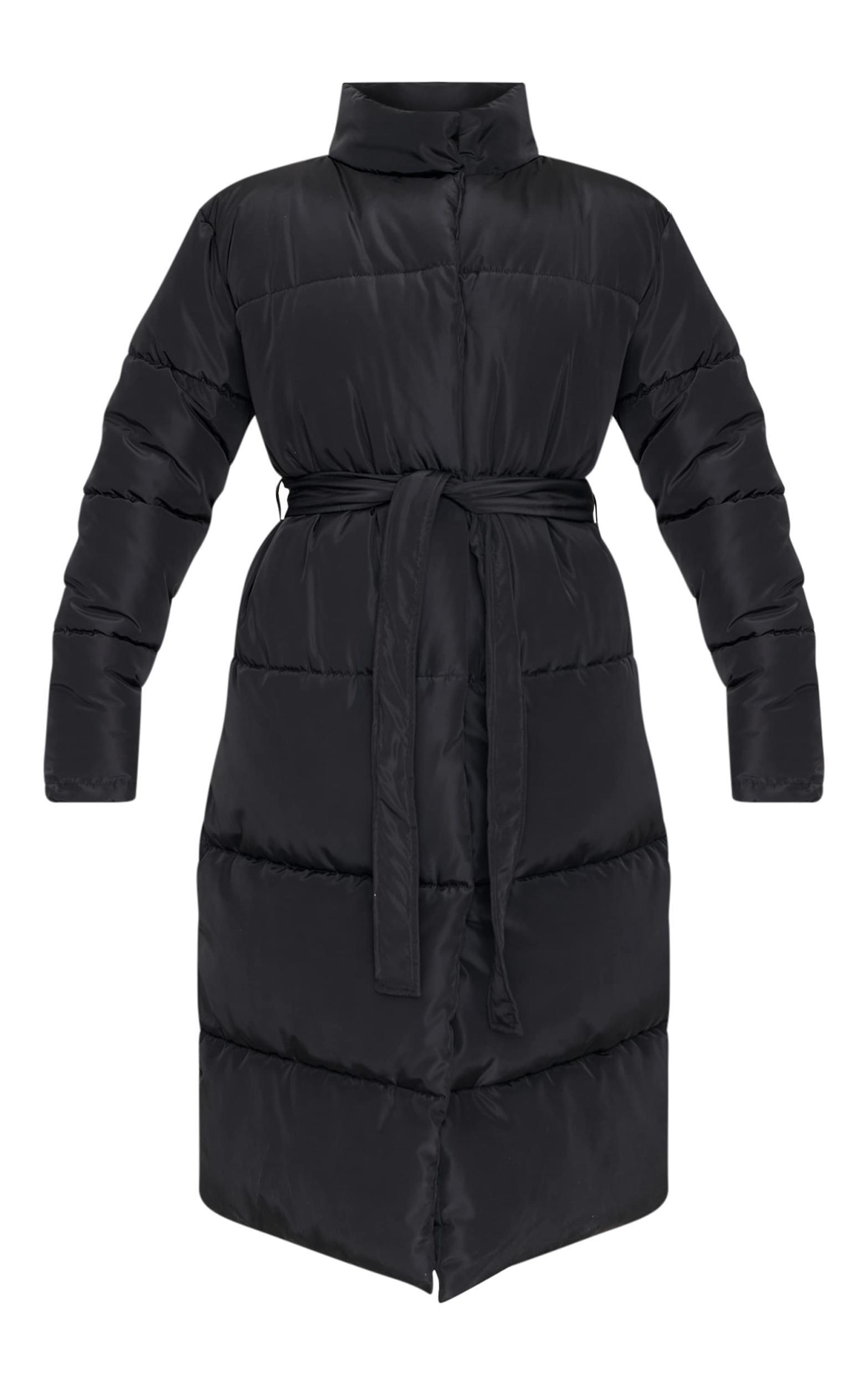 Black Quilted Longline Tie Waist Puffer Coat Product Image