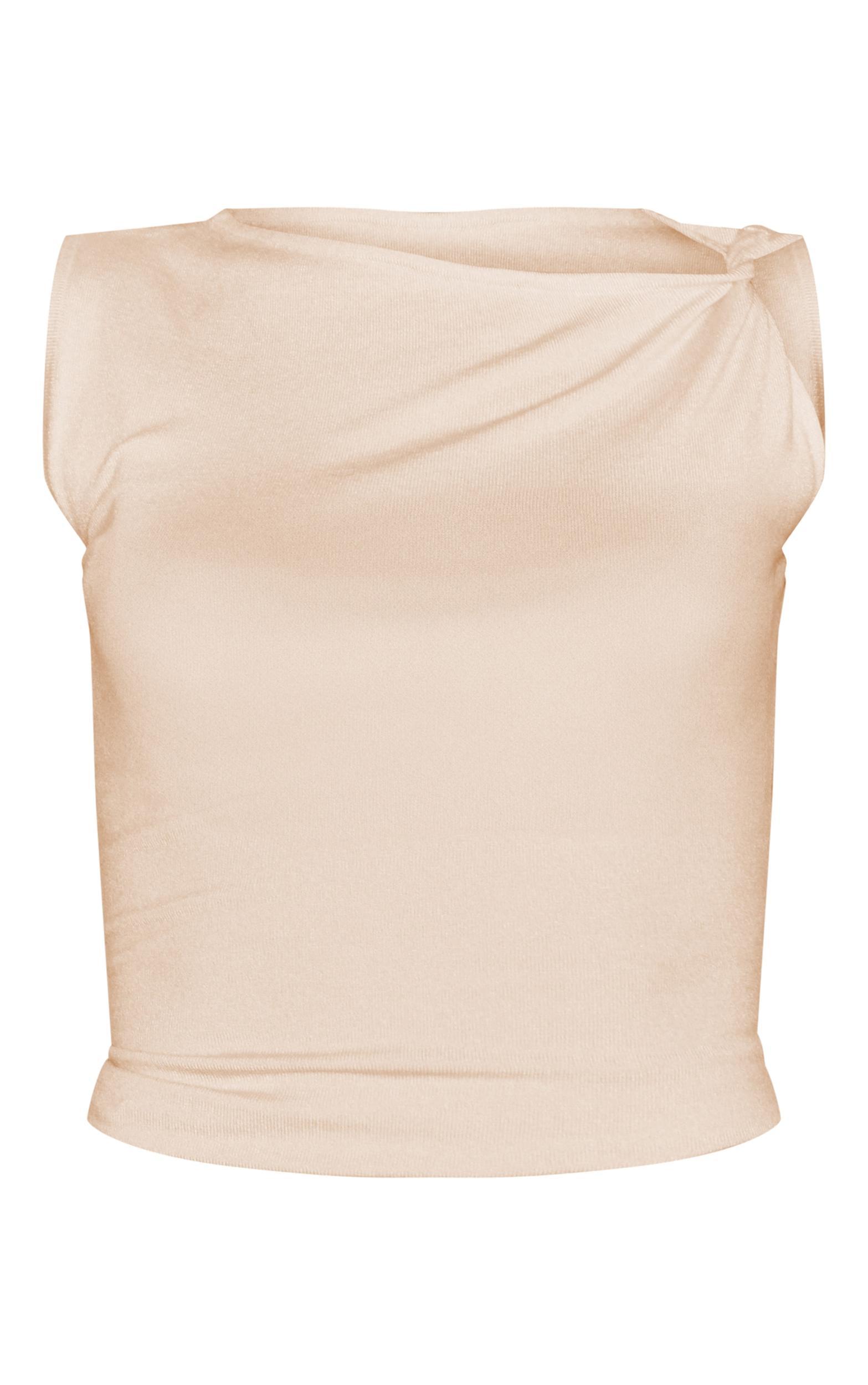  Oatmeal Basic Knit Asymmetric Twist Sleeve Vest Top Product Image