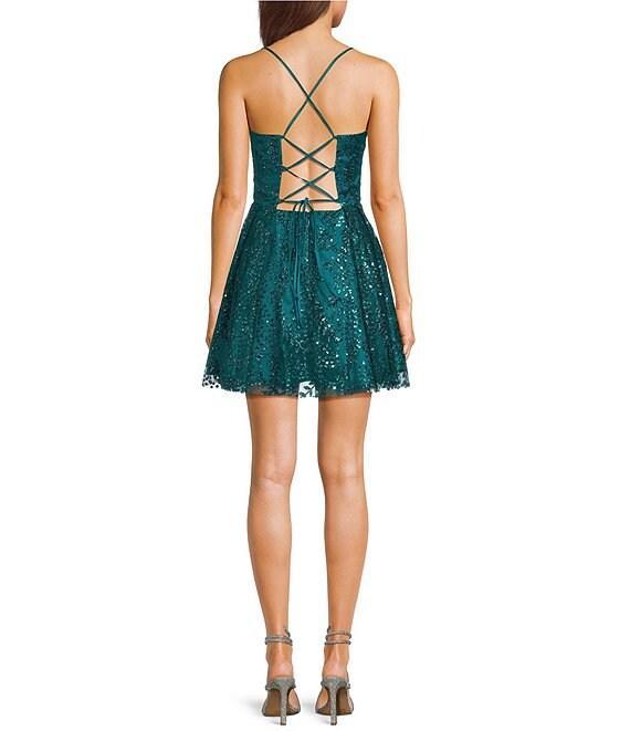 Blondie Nites Glitter Pattern Cinched Front Lace-Up Back Fit & Flare Dress Product Image