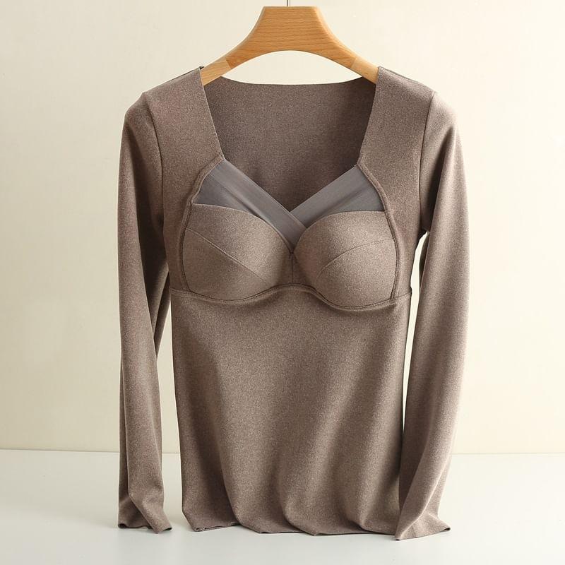 Long-Sleeve V-Neck Plain Padded Top Product Image