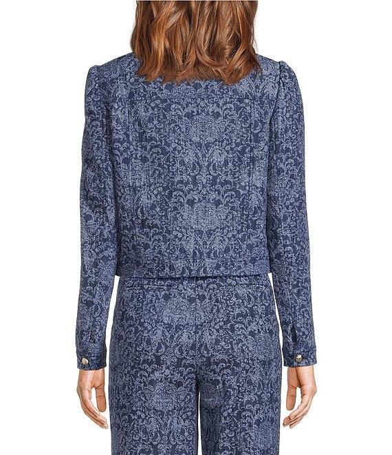 KARL LAGERFELD PARIS Coordinating Denim Damask Point Collar Long Sleeve Cropped Jacket Product Image