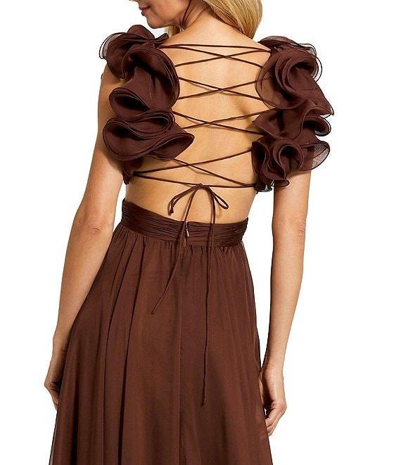 Ieena Mac Duggal Chiffon V-Neck Sleeveless Cut-Out Strappy Back Detail Tiered Ruffle Hem Gown Product Image