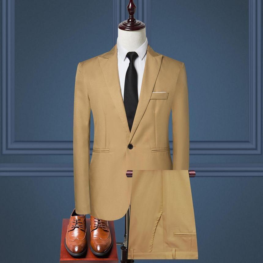 Set: Peak Lapel Single-Button Blazer + Tapered Dress Pants Product Image