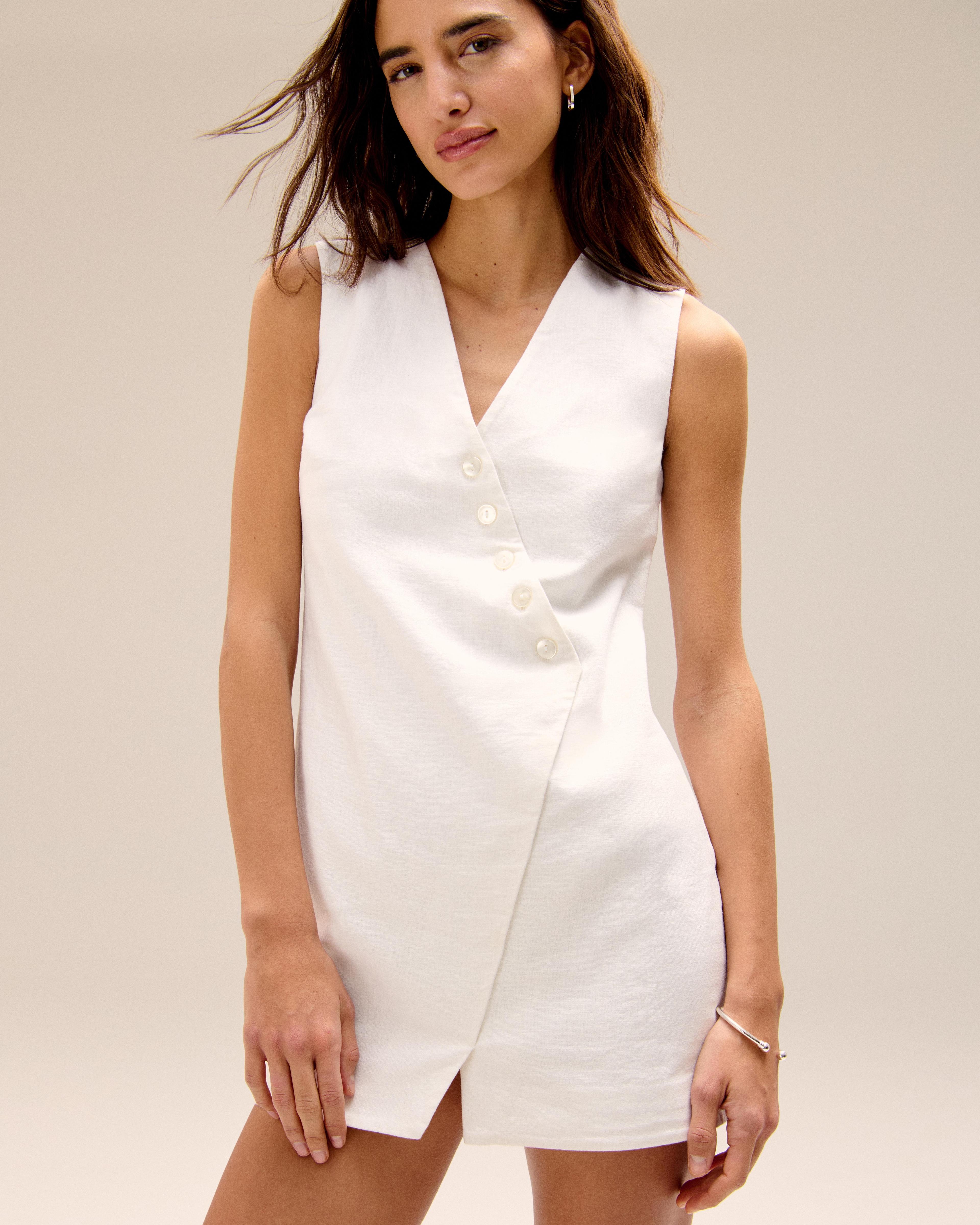 Linen-Blend V-Neck Button Mini Dress Product Image