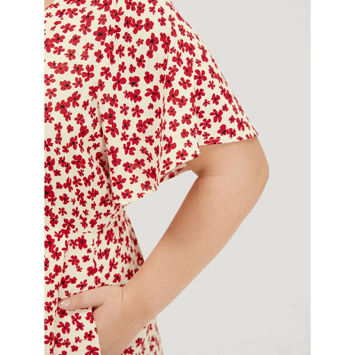 Plus Size Ditsy Floral Knot Front Pocket Ruffle Hem Dress Red Women Elegant Knotted V-neck Short sleeve Curvy Midi Dress BloomChic 30/6X Product Image