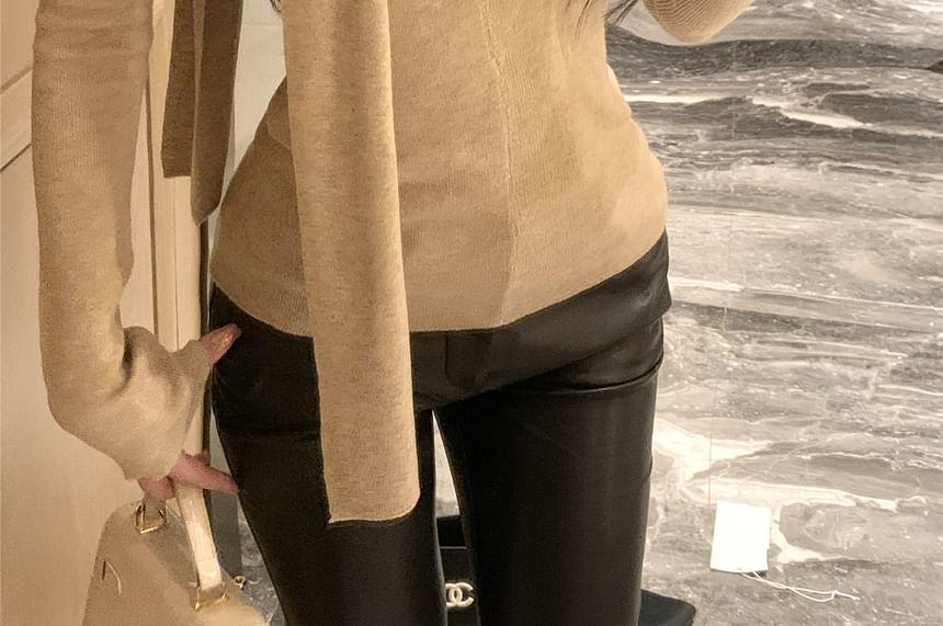 Long-Sleeve Scarf Neck Plain Slim Fit Knit Top Product Image