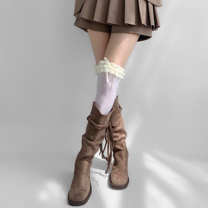 Bow Ruffle Panel Knee High Socks Product Image