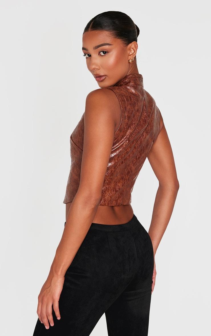 Brown Textured Faux Leather Keyhole Long Top Product Image