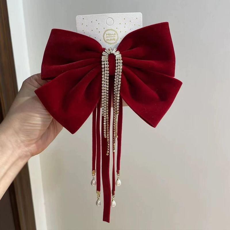 Bow Rhinestone Velvet Hair Clip Product Image