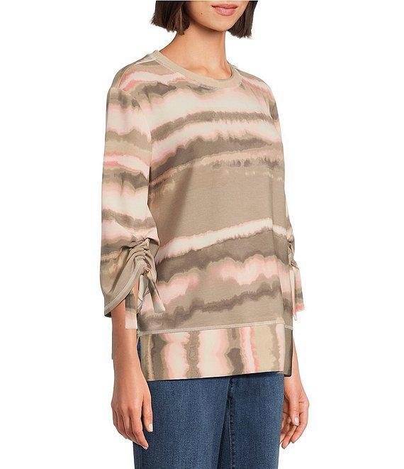 Westbound Petite Size Printed Ruched Sleeve Crew Neck Top Product Image