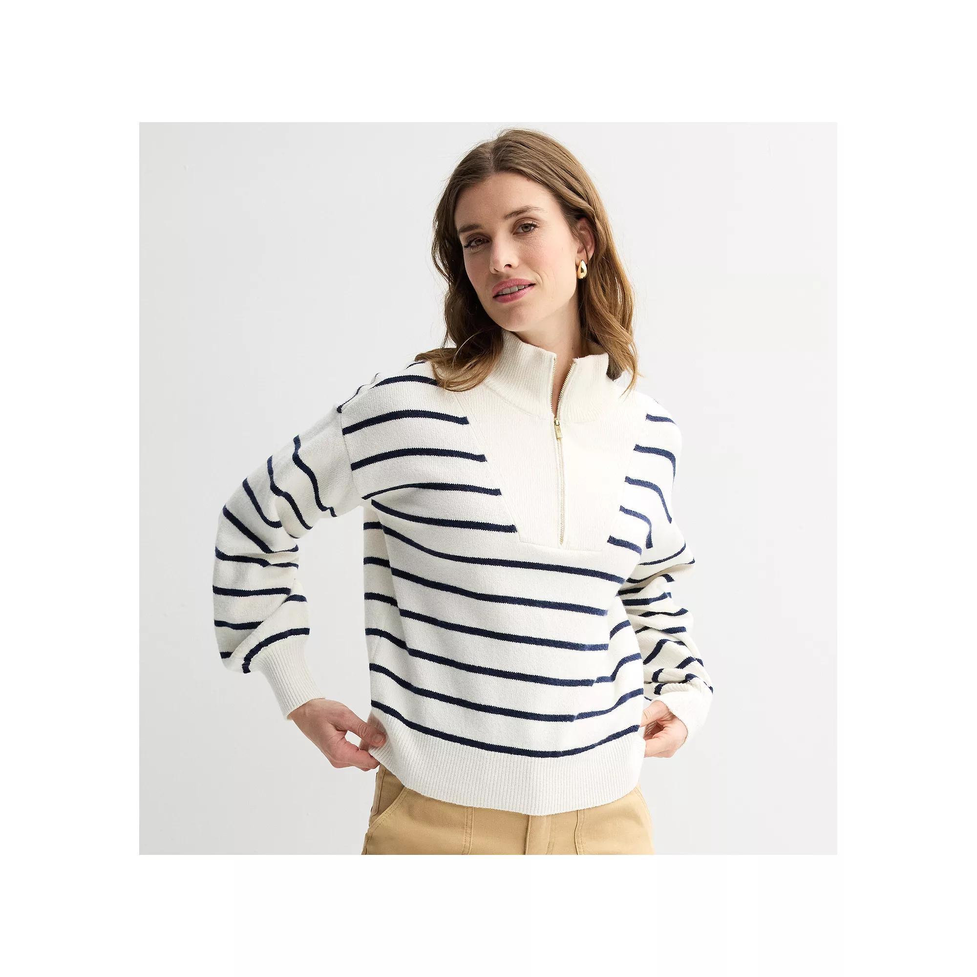 Women's Draper James Quarter Zip Pullover Sweater, Size: XXL, Ivory Navy Stripe Product Image