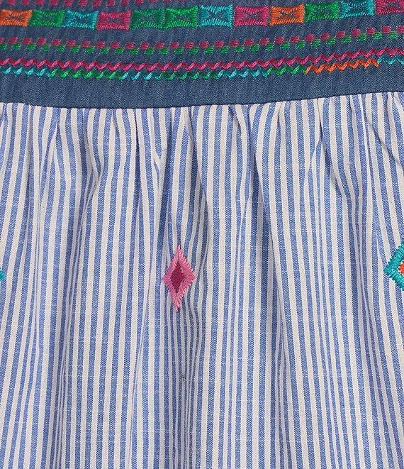 Calessa Petite Size Embroidered Stripe Square Neck Short Puff Sleeve Tunic Product Image