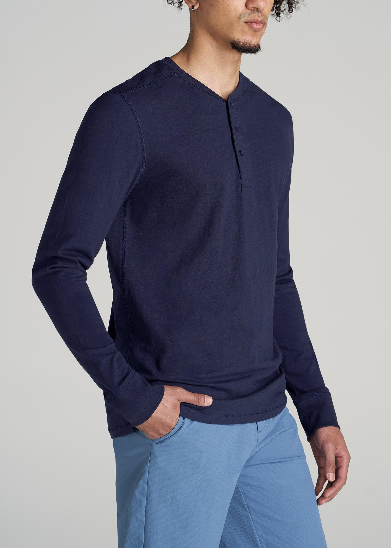 Three-Button Long Sleeve Slub Henley for Tall Men in Navy Male Product Image