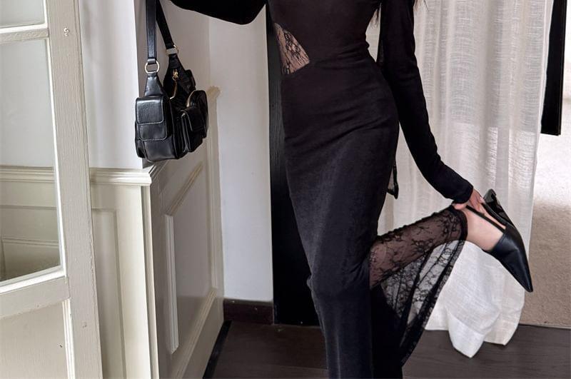 Long-Sleeve Halter Neck Off-Shoulder Plain Asymmetrical Lace Panel Maxi Sheath Dress Product Image