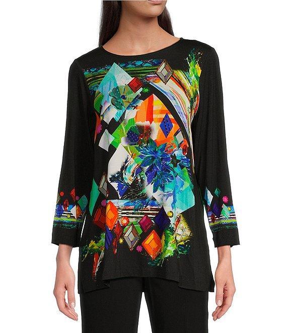Ali Miles Printed Knit Round Neckline 3/4 Sleeve Top Product Image