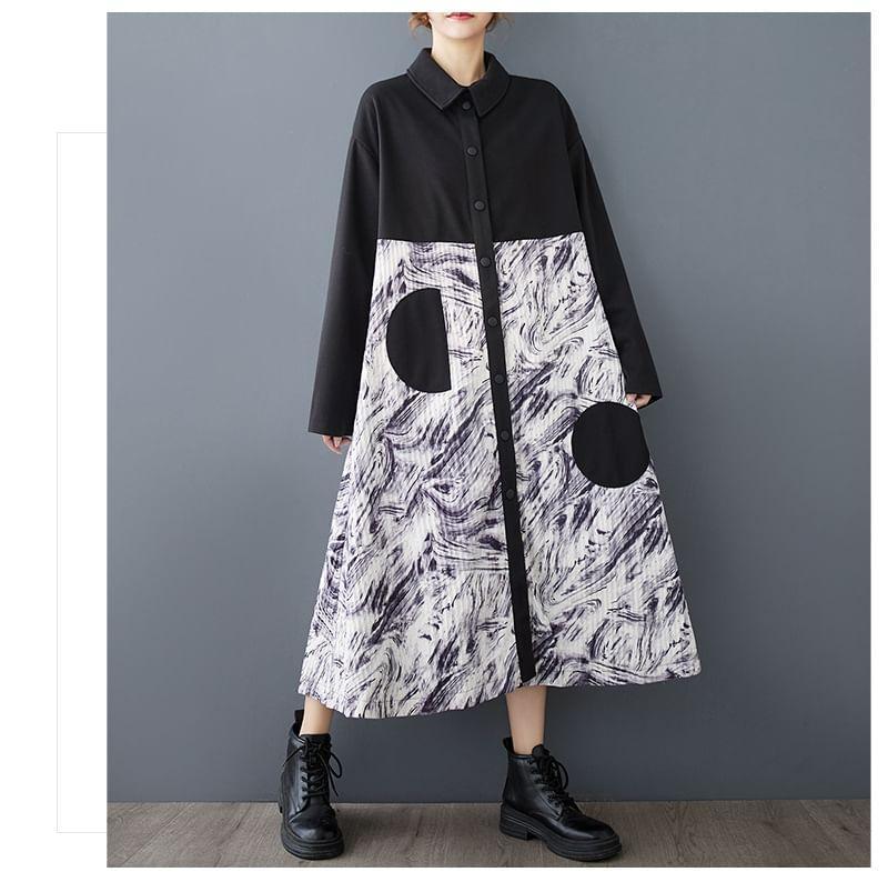 Collared Patterned Print Panel Midi Button Jacket Product Image