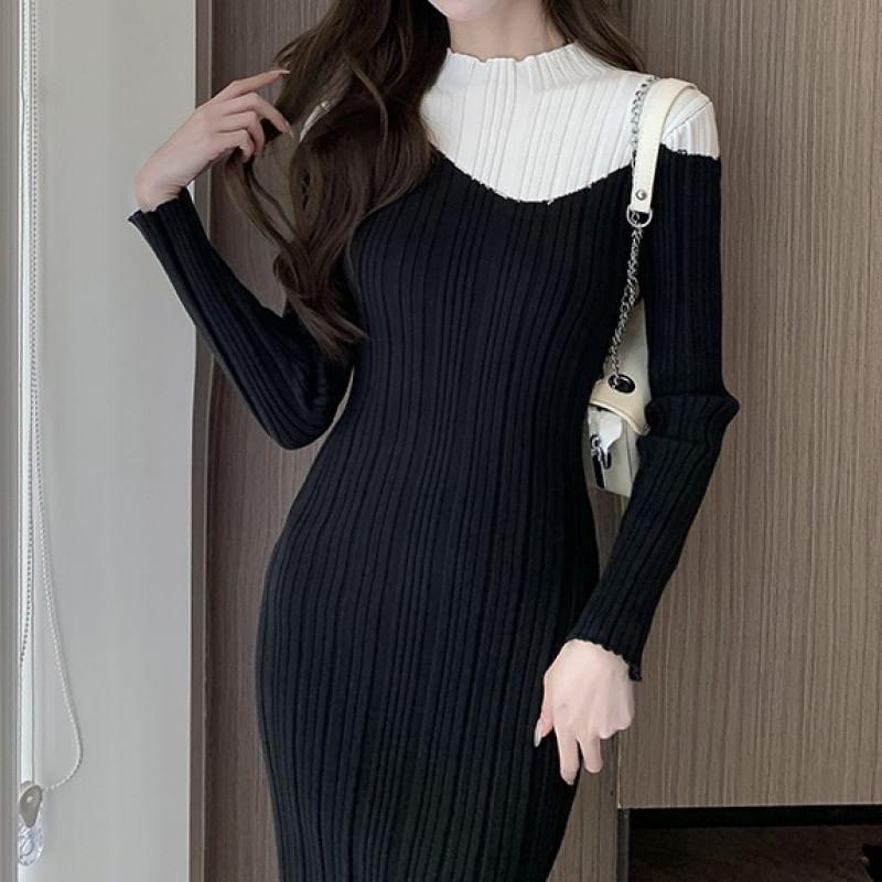 Long-Sleeve Mock Neck Two Tone Ribbed Knit Sheath Dress Product Image