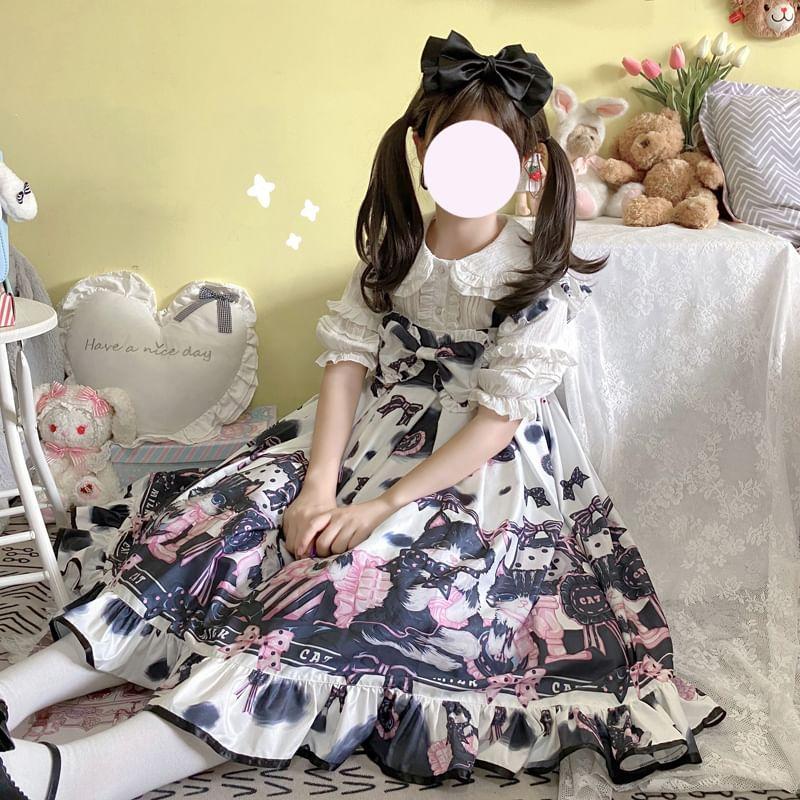 Puff-Sleeve Button-Up Blouse / Printed Bow Ruffled Midi Overall Lolita Dress / Petticoat Product Image