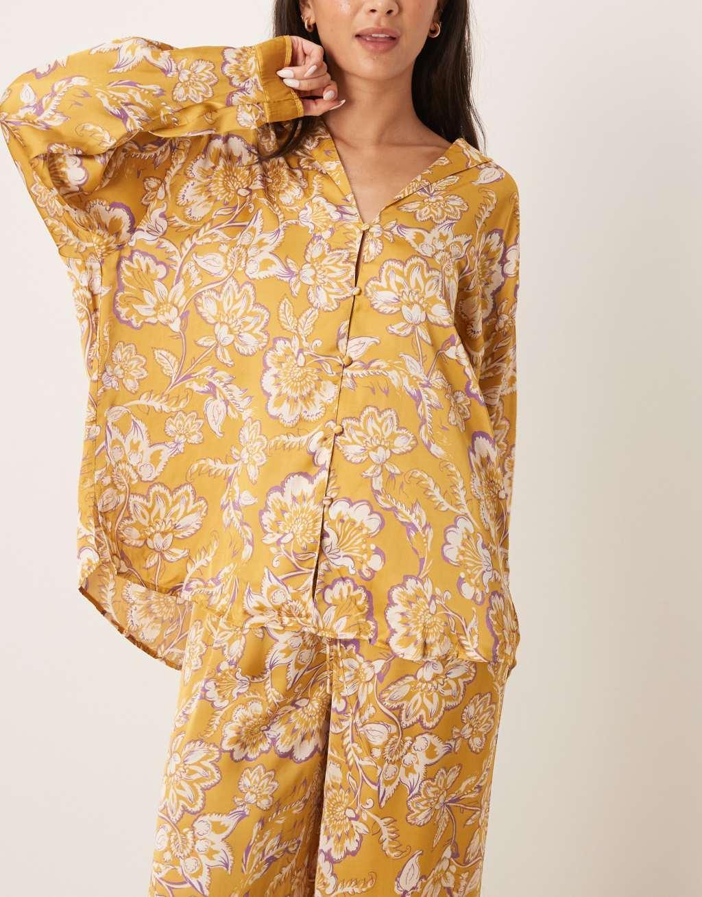 Free People Dreamy Days floral print satin pajama set in gold Product Image