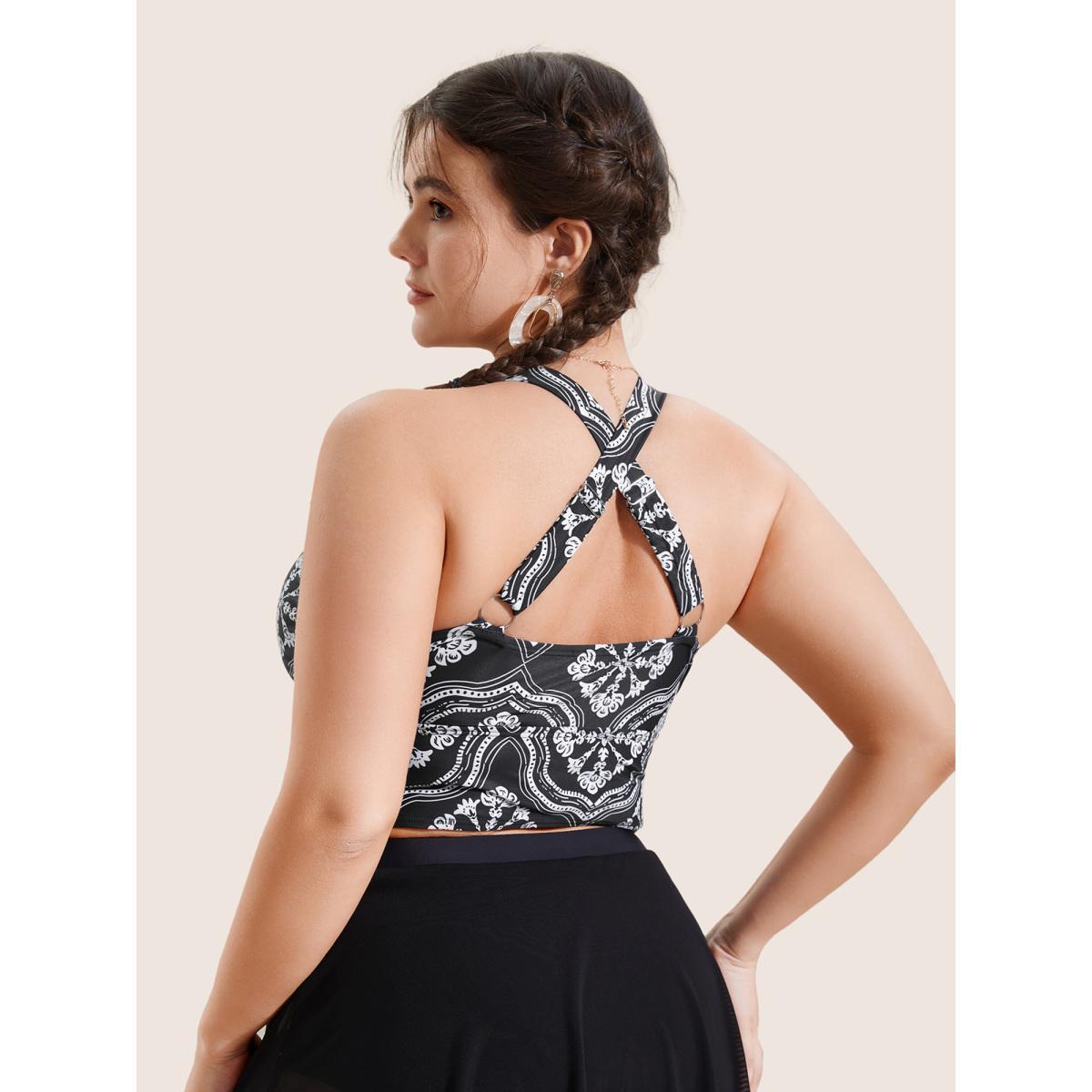 Plus Size Bandana Print Bowknot Adjustable Straps Swim Top Women's Swimwear Black Beach Tie knot High stretch Skinny V-neck Curve Swim Tops BloomChic 10/M Product Image