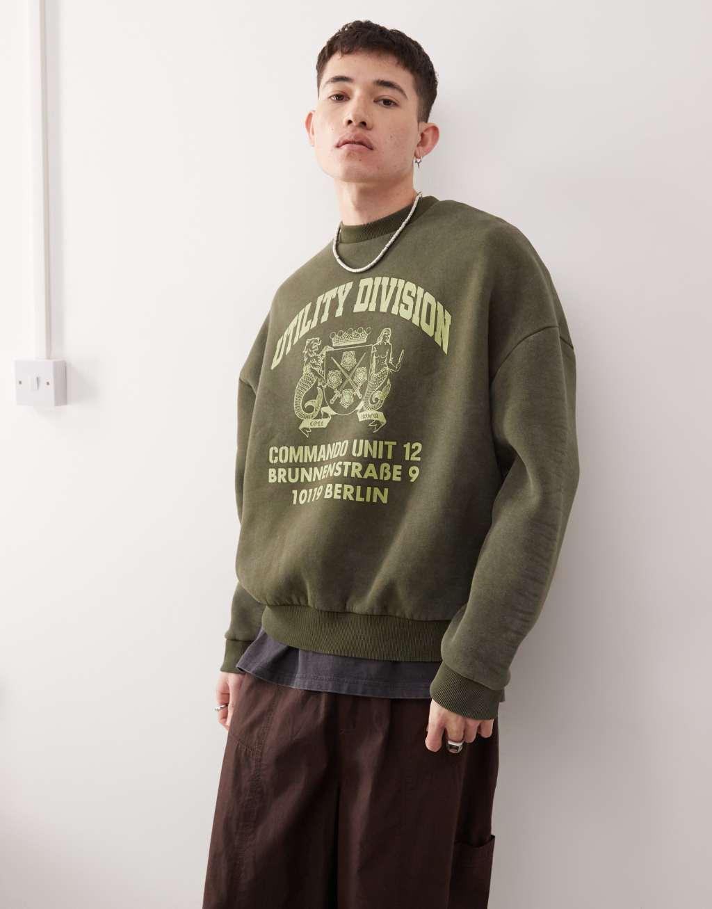 COLLUSION boxy sweatshirt in green wash with graphic  Product Image