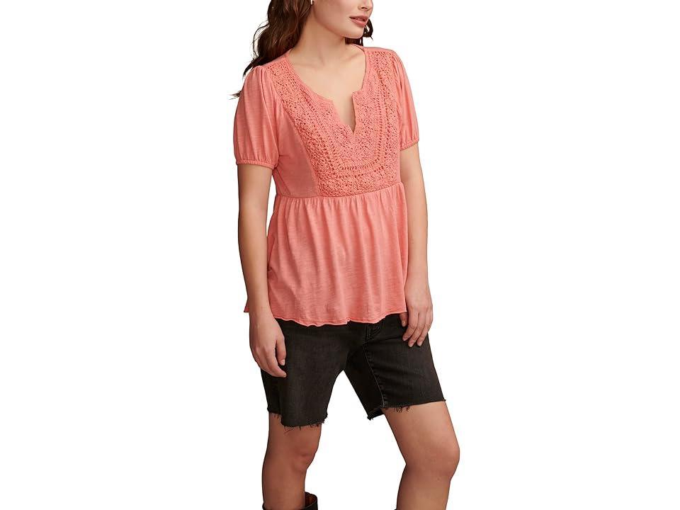 Lucky Brand Crochet Yoke Babydoll Top (Peach Blossom) Women's Clothing Product Image