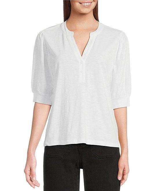 Sanctuary Mixed Media V-Neck Short Sleeve Front Button Tee Product Image