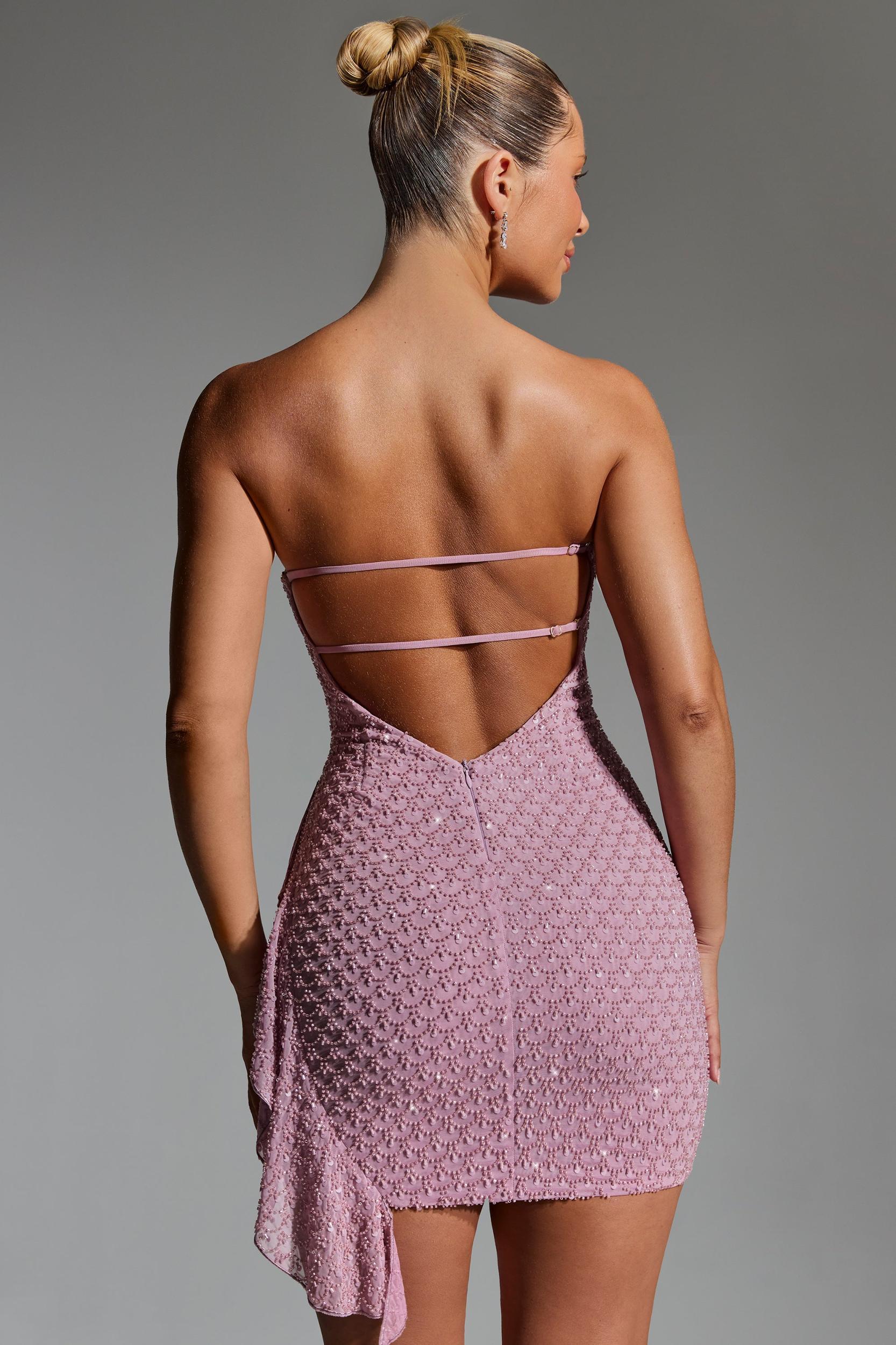 Embellished Ruffled Cowl-Neck Bandeau Mini Dress in Mauve Product Image