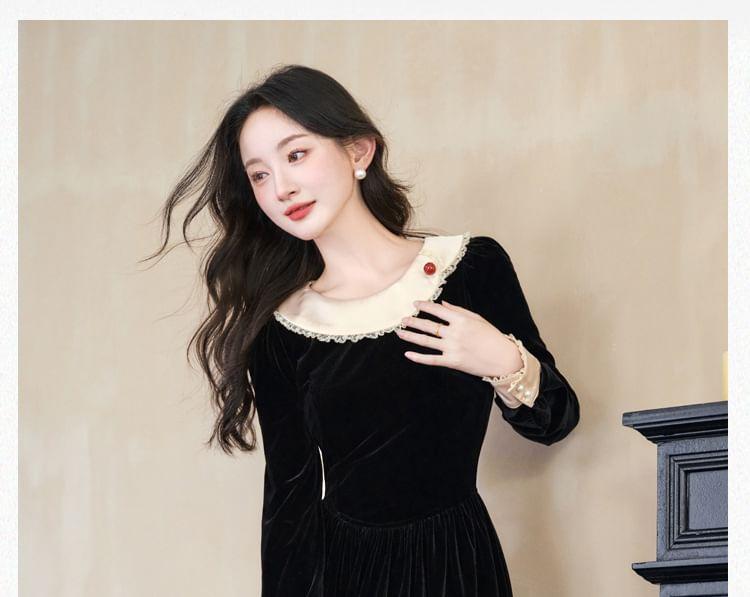 Long-Sleeve Crewneck Velvet Maxi A-Line Dress Product Image