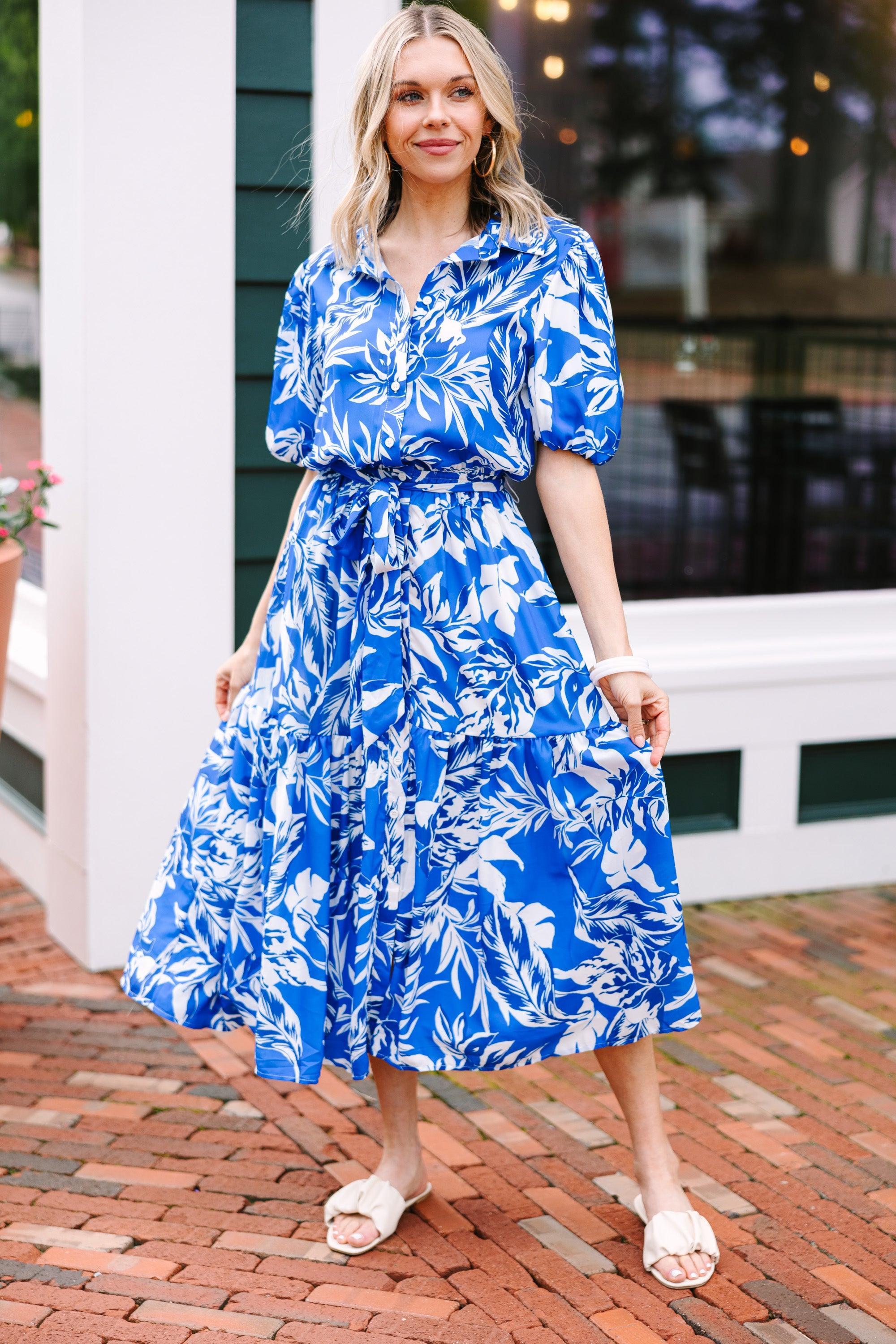 Living For You Royal Blue Floral Midi Dress Female Product Image