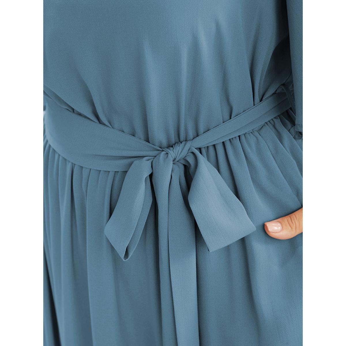 Plus Size Solid Keyhole Round Neck Pocket Belted Flutter Dress Stone Women Office Belted Round Neck Half Sleeve Curvy Midi Dress BloomChic 12/L Product Image