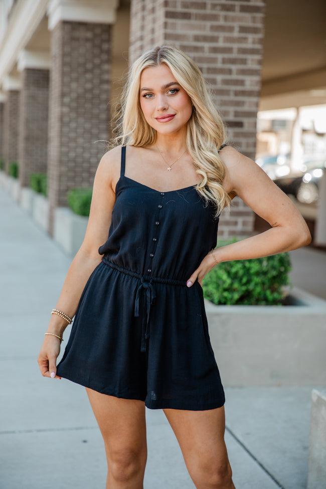 Take A Minute Black Solid Tie Waist Romper SALE Product Image