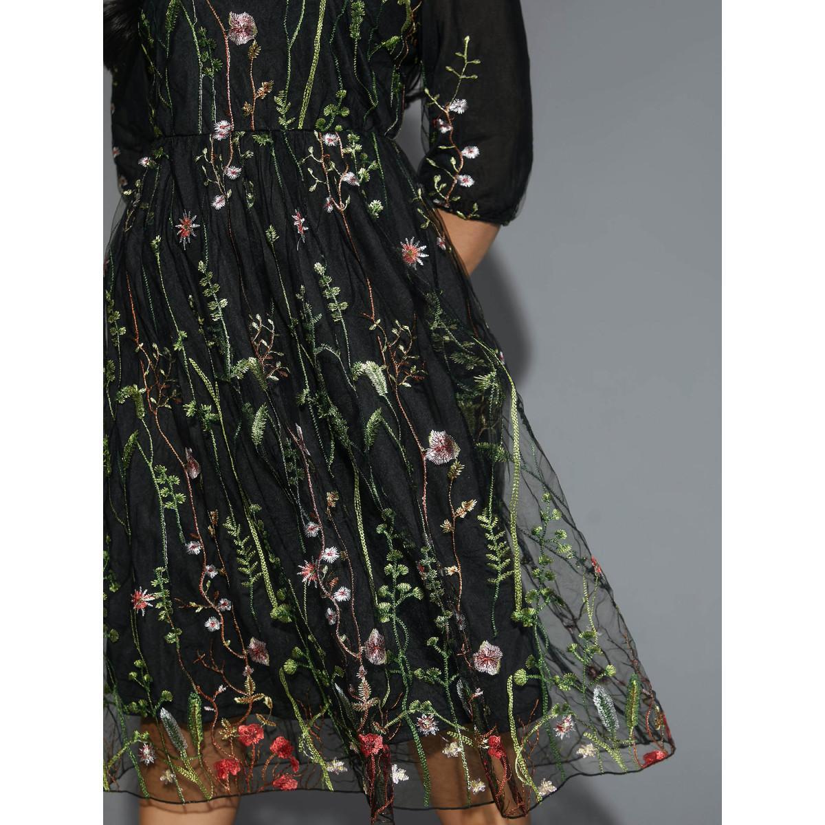 Plus Size Floral Embroidered Elastic Waist Lined Midi Dress Black Women Formal Texture Party Curvy Bloomchic 10/M Product Image