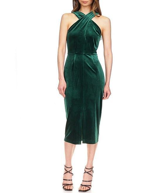Michael Kors Stretch Velvet Sleeveless Twist Neck Midi Dress Product Image