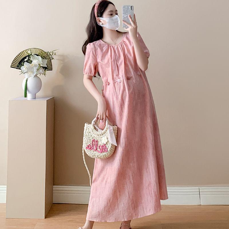 Maternity Short Sleeve Round Neck Beaded Drawstring Waist Maxi A-Line Dress Product Image