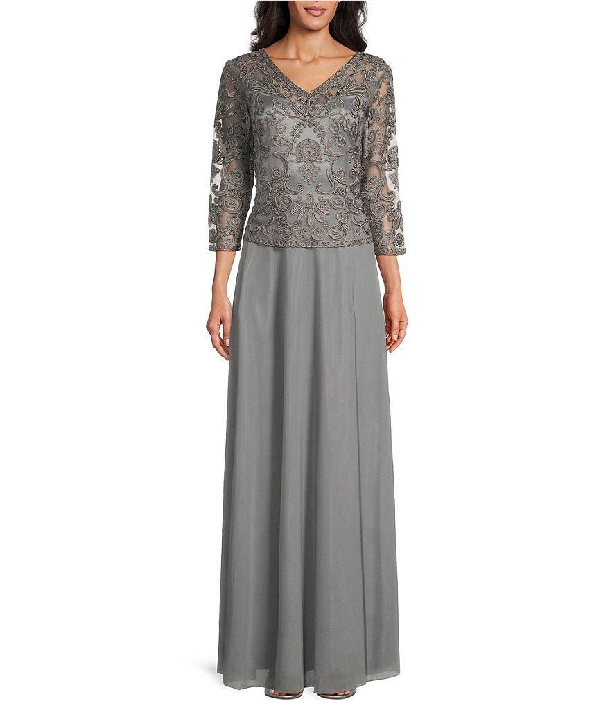 Soulmates V-Neck 3/4 Sleeve Soutache Lace Bodice A-Line Gown Product Image