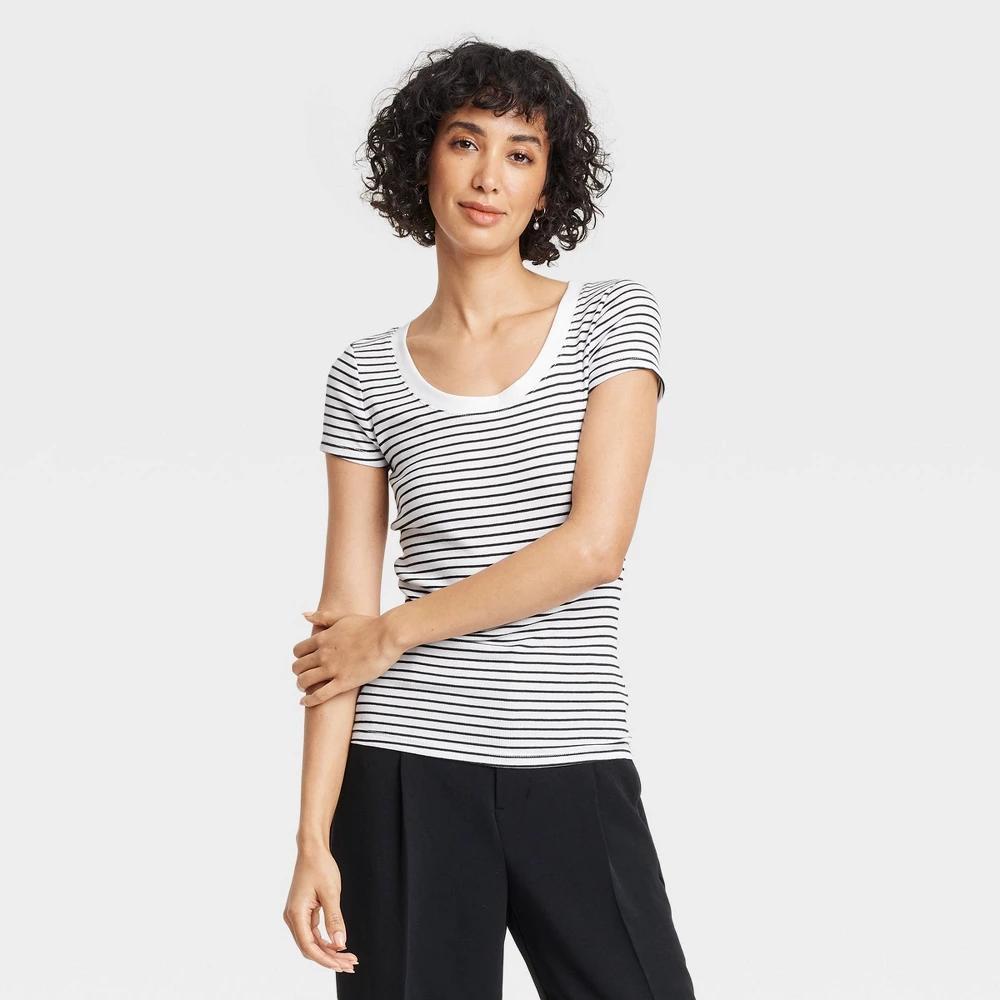 Womens Slim Fit Short Sleeve Ribbed Scoop Neck T-Shirt - A New Day Black Striped XL Product Image