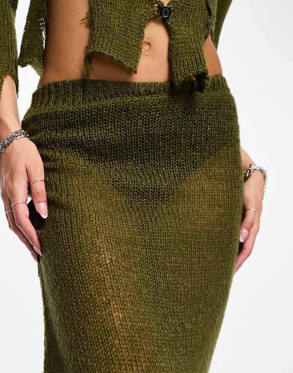 COLLUSION open stitch knitted midi skirt with asymmetric hem Product Image