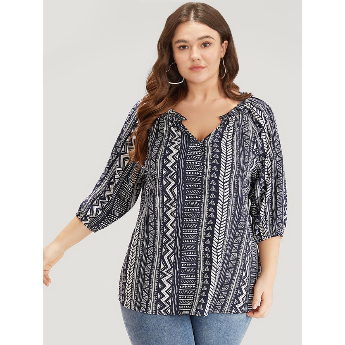 Plus Size Indigo Boho Print Frill Trim Raglan Sleeve Elastic Cuffs Blouse Women Resort Half Sleeve V-neck Vacation Blouses BloomChic 10/M Product Image