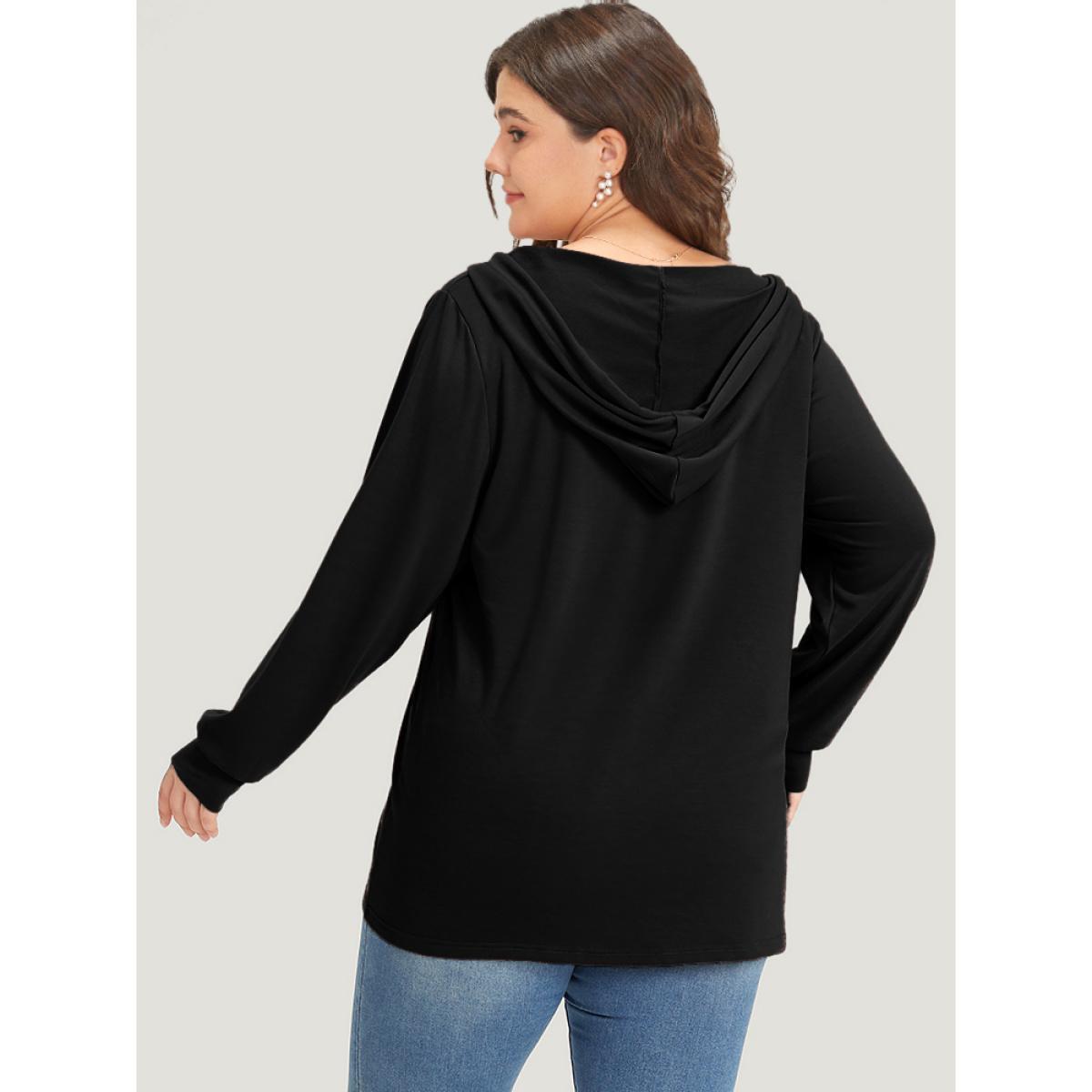 Plus Size Plain Button Up Drawstring Hooded Sweatshirt Women Black Casual Elastic cuffs Hooded Dailywear Sweatshirts BloomChic 22-24/3X Product Image