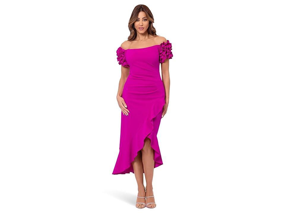 Xscape 3D Ruffle Off-the-Shoulder Ruffle Front Ruched Detail Midi Dress Product Image