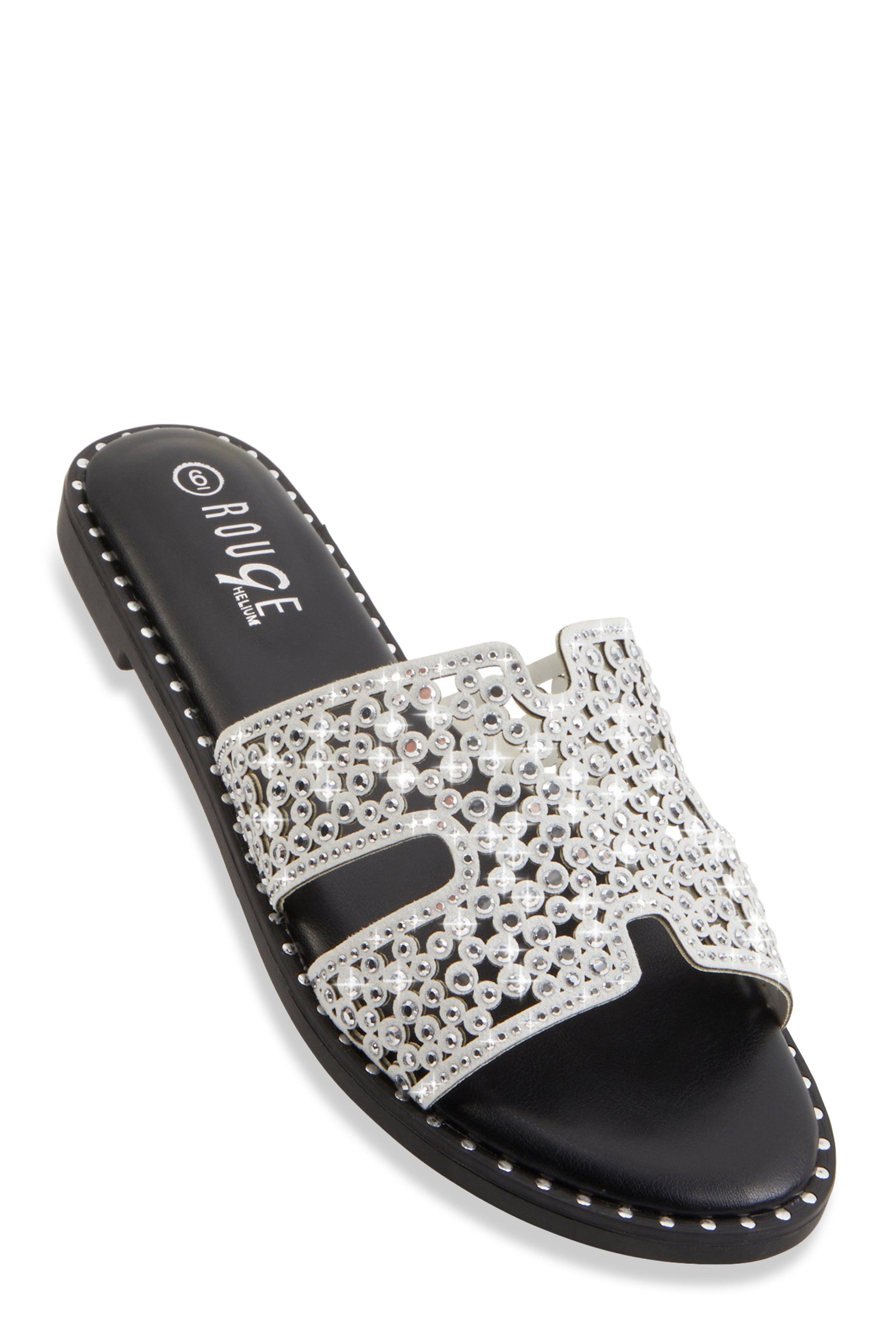 Womens Rhinestone Studded Cut Out Band Slide Sandals Product Image