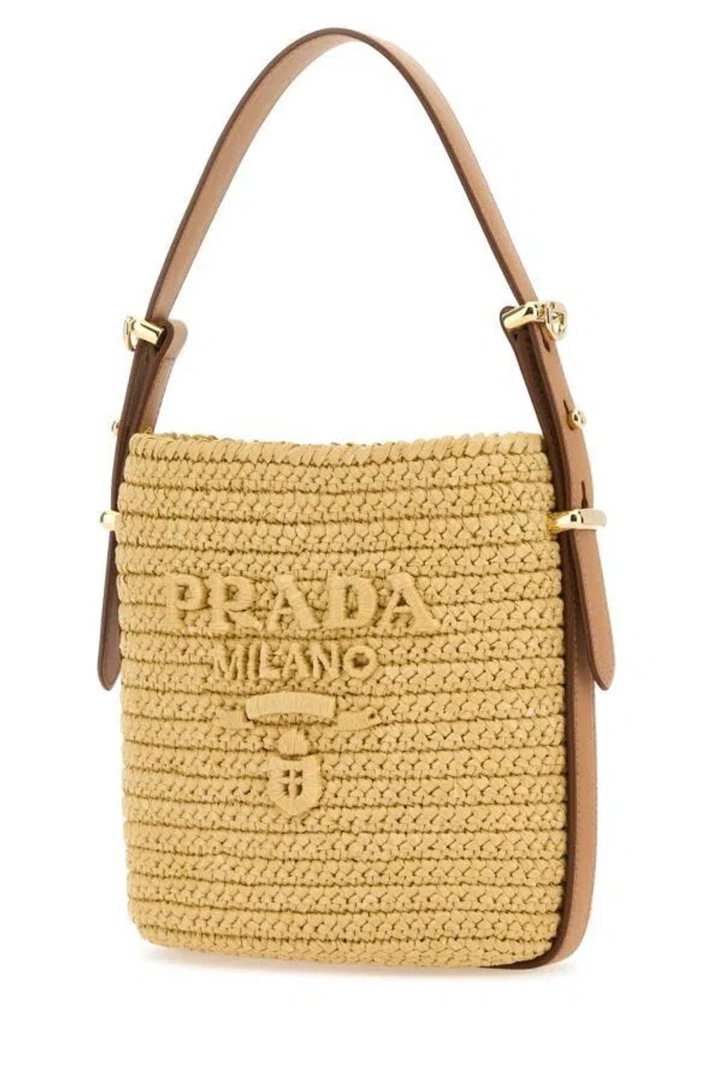 PRADA Woven Texture Shoulder Bag With Gold-tone Hardware In Brown Product Image