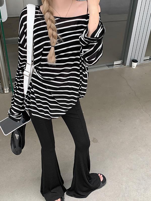 Stripe Backless Lace Up Smock Oversized Long Sleeve Tee Product Image