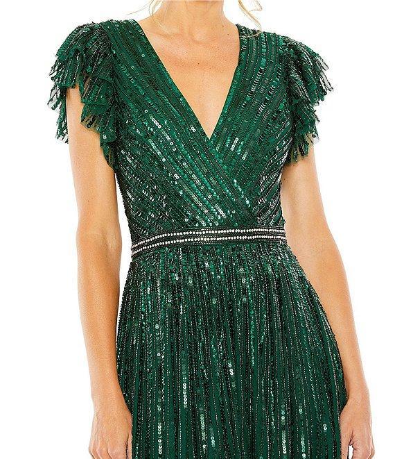 Mac Duggal Sequin Wrap Over Surplice V-Neck Ruffle Cap Sleeve Gown Product Image