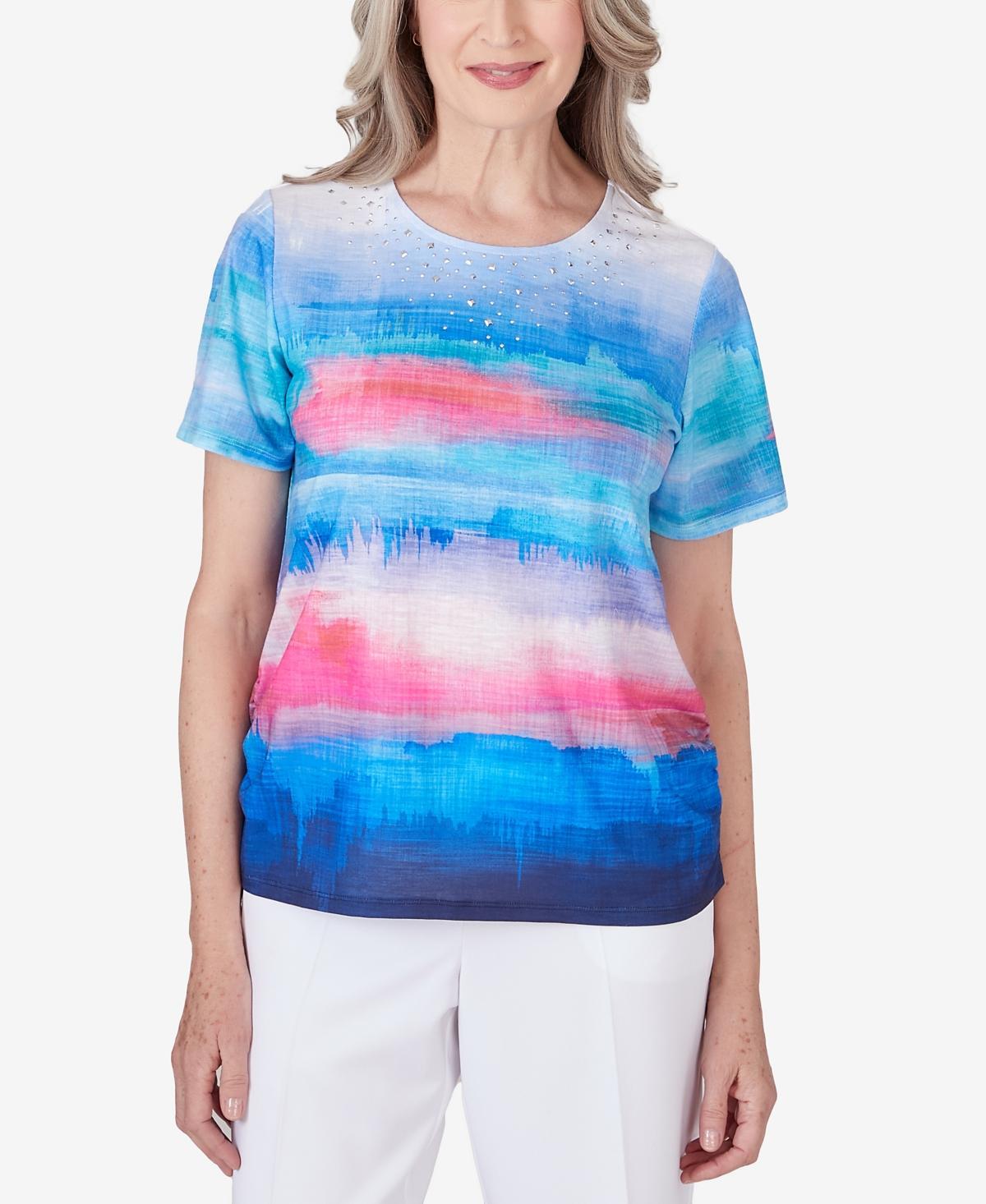 Alfred Dunner Womens Paradise Island Crew Neck Short Sleeve Side Ruching Watercolor Stripe Top Product Image