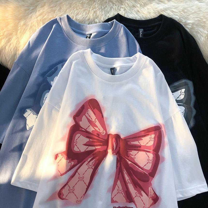 Short Sleeve Bow Print Loose-Fit T-Shirt Product Image